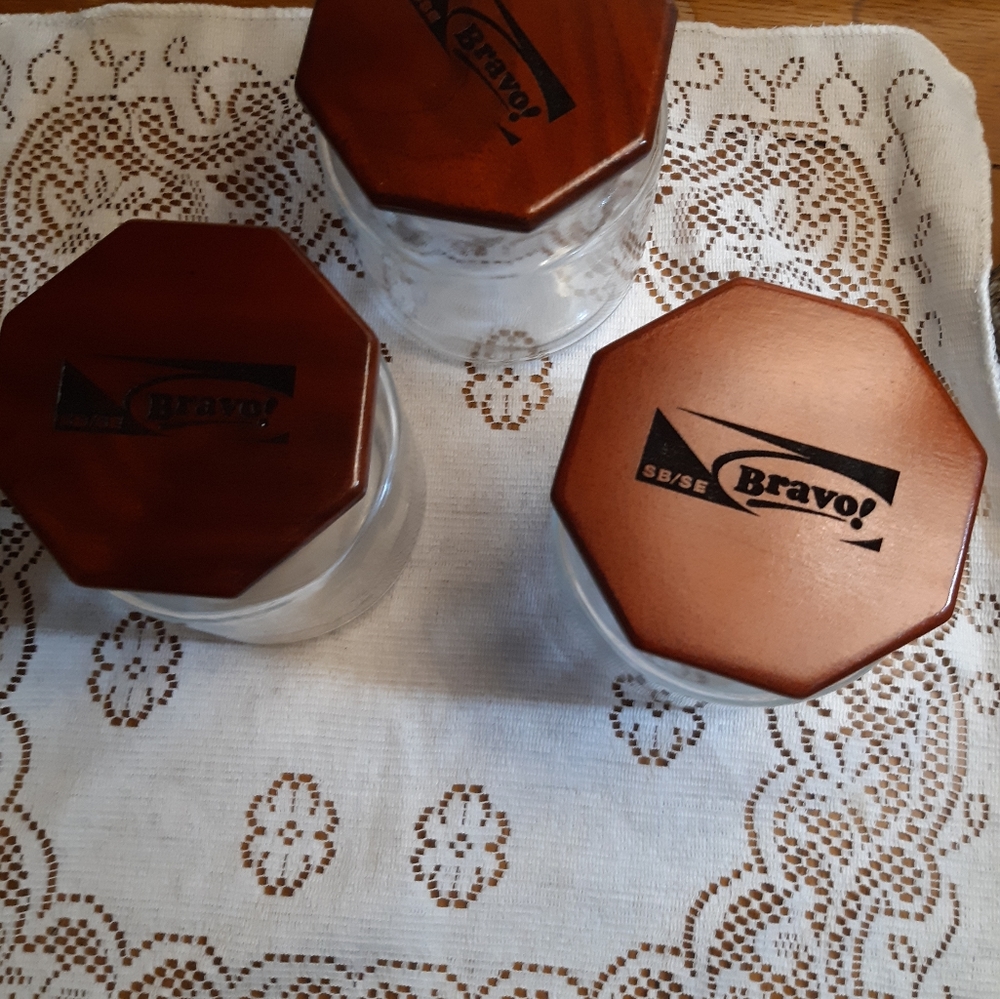 3 clear storage jars with octogonal wooden BRAVO  lids